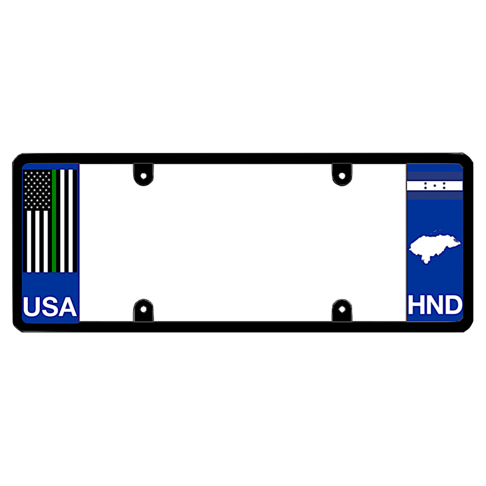 License plate frame with a thin green line flag on the left and a Honduras flag on the right by DFS Brands.