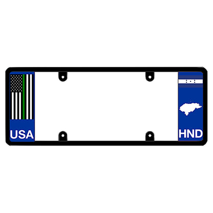 License plate frame with a thin green line flag on the left and a Honduras flag on the right by DFS Brands.