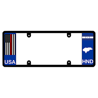License plate frame with a thin red line flag on the left and a Honduras flag on the right by DFS Brands.