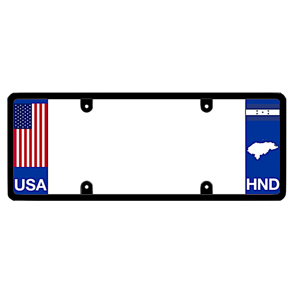 License plate frame with a USA flag graphic on the left and a Honduras flag on the right by DFS Brands.