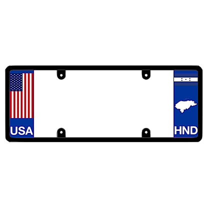 License plate frame with a USA flag graphic on the left and a Honduras flag on the right by DFS Brands.