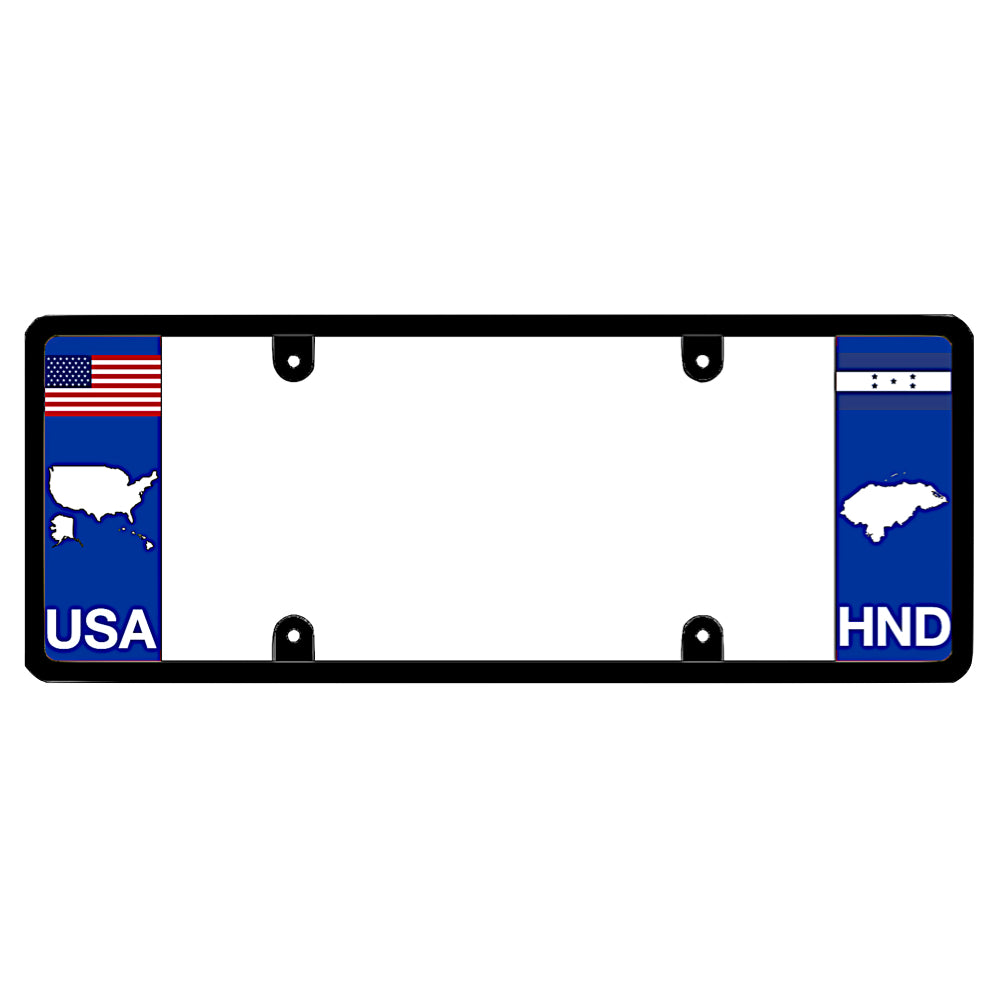 License plate frame with a USA map graphic on the left and a Honduras flag on the right by DFS Brands.