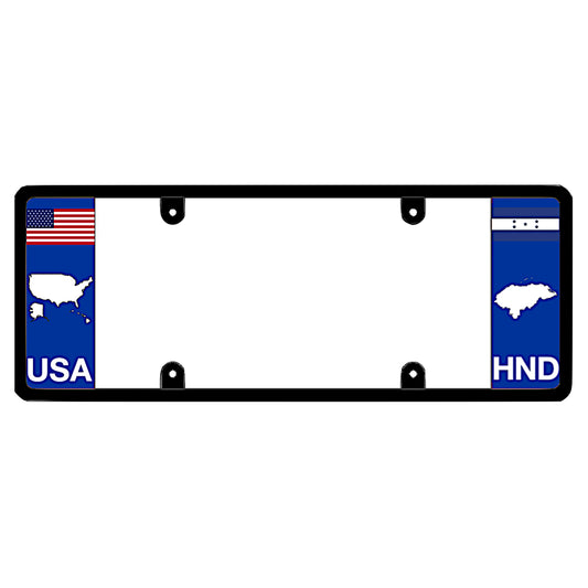 Honduras patented license plate frame holder featuring the American flag and the Honduran flag with 'USA' and 'HND' text respectively, on a white background.