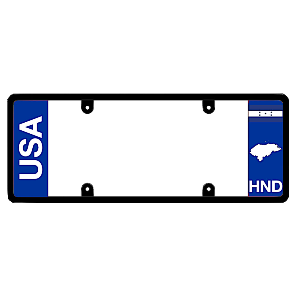 License plate frame with bold vertical USA text on the left and a Honduras flag on the right by DFS Brands.