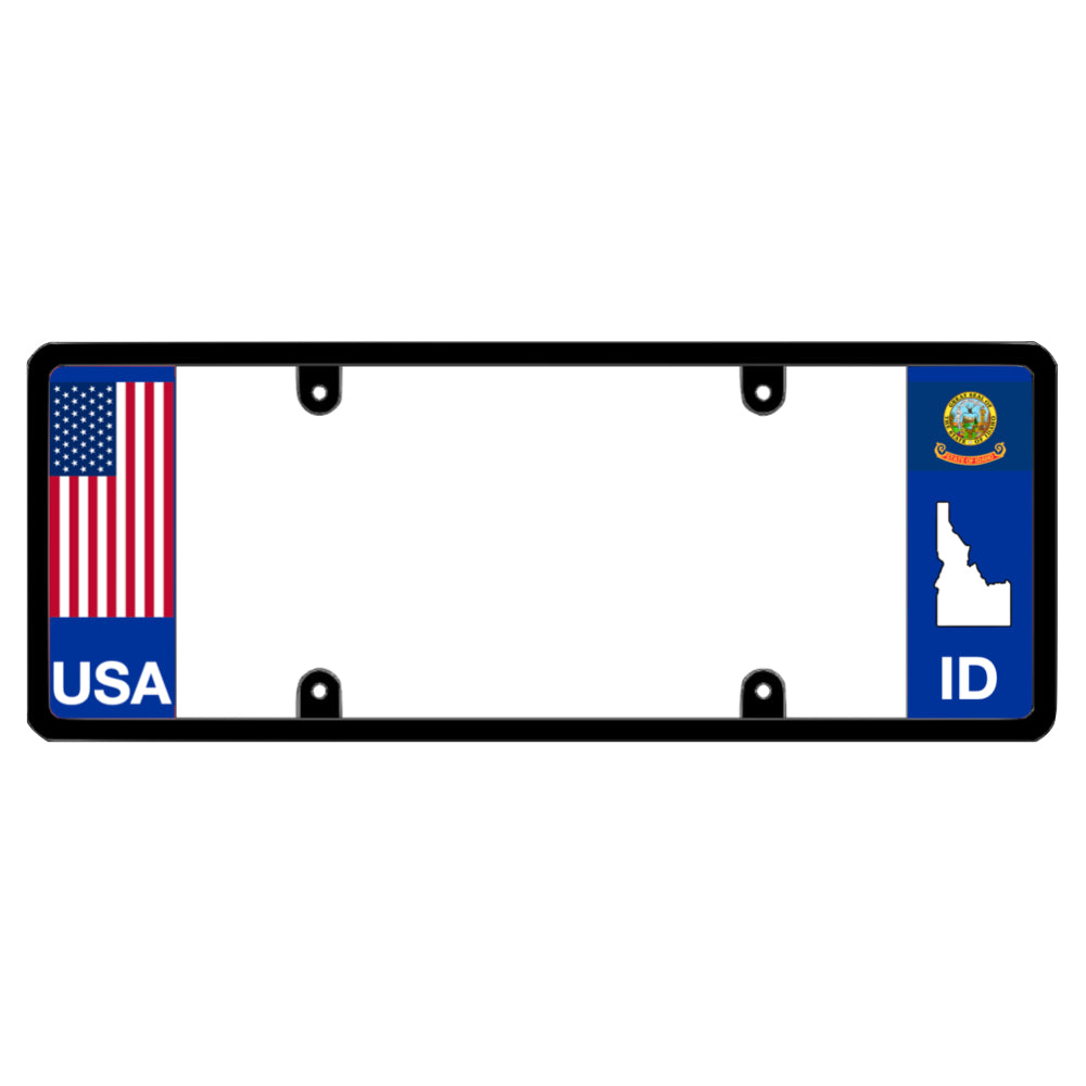 Idaho license plate frame USA flag holder by DFS, the official license frame of America. Drive your identity with an all-weather license holder overlay showing a vertical red white and blue old glory design beside a custom ID state flag graphic.