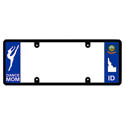 Idaho license plate frame dance mom cover by DFS, the official license frame of America. Drive your identity using a premium automotive accessory detailed with an elegant white ballet dancer silhouette graphic against a local ID state background panel.
