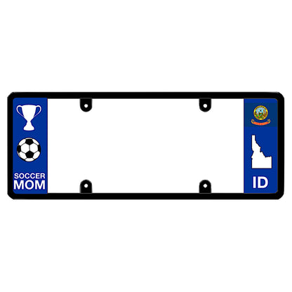 Idaho license plate frame soccer mom wrap by DFS, the official license frame of America. Drive your identity with sports family SUV and minivan exterior gear displaying a white championship trophy, soccer ball design, and ID state flag layout.