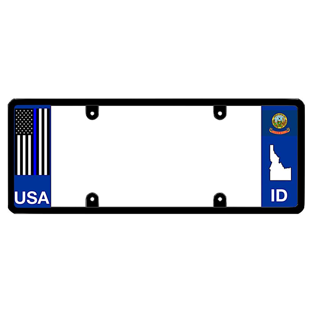 Idaho license plate frame thin blue line auto rim by DFS, the official license frame of America. Drive your identity with a police officer tribute bumper trim shield featuring a tactical blue line flag print and ID state trooper emblem styling.