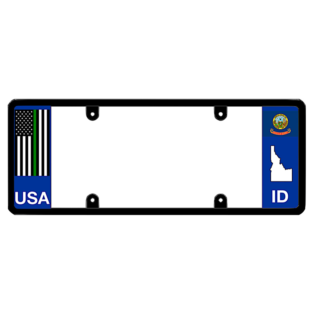 Idaho license plate frame thin green line guard by DFS, the official license frame of America. Drive your identity using a military and border patrol support vehicle bracket carrying a green line USA flag decal on a blue ID local theme background.