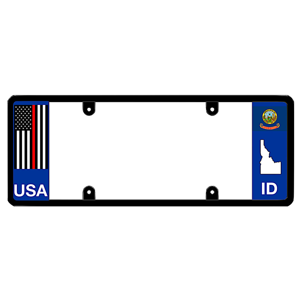 Idaho license plate frame thin red line vehicle hardware by DFS, the official license frame of America. Drive your identity with a heavy-duty firefighter commemorative car frame boasting an emergency services line decal beside an ID state emblem cutout.