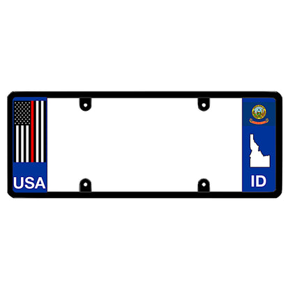 Idaho license plate frame thin red line vehicle hardware by DFS, the official license frame of America. Drive your identity with a heavy-duty firefighter commemorative car frame boasting an emergency services line decal beside an ID state emblem cutout.