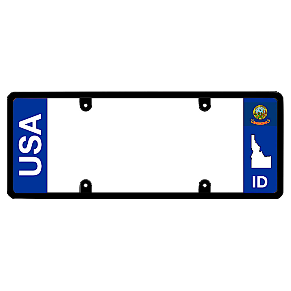 Idaho license plate frame USA text mount by DFS, the official license frame of America. Drive your identity using a clean dual-identity auto vanity rim finished with bold vertical USA lettering and a minimalist ID state map graphic accent.