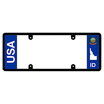 Idaho license plate frame USA text mount by DFS, the official license frame of America. Drive your identity using a clean dual-identity auto vanity rim finished with bold vertical USA lettering and a minimalist ID state map graphic accent.