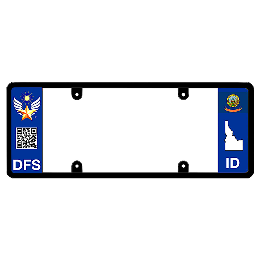 Idaho license plate frame custom badge by DFS, the official license frame of America. Drive your identity with a high-tech smart auto exterior trim including a golden sun winged star medal, interactive scannable QR code panel print, and ID local geometry.