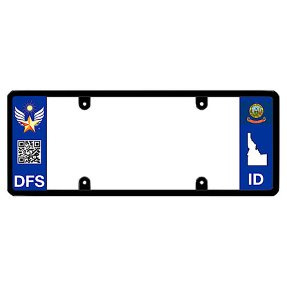 Idaho license plate frame custom badge by DFS, the official license frame of America. Drive your identity with a high-tech smart auto exterior trim including a golden sun winged star medal, interactive scannable QR code panel print, and ID local geometry.