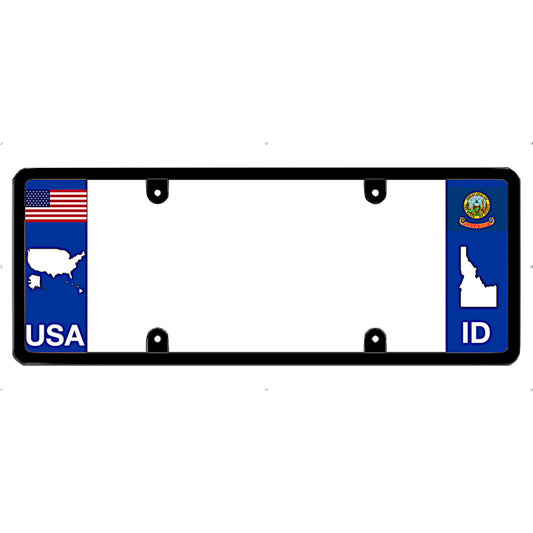 Idaho license plate frame with USA and ID state flags and symbols