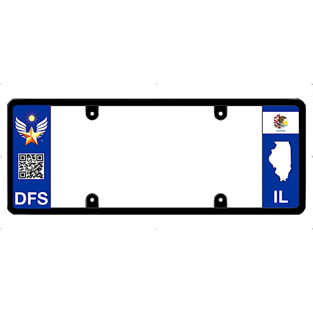 Black license plate frame with Illinois state symbols on a white background
