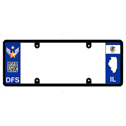 Black license plate frame with Illinois state symbols on a white background