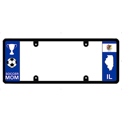 License plate frame with 'Soccer Mom' and Illinois state symbols on a white background