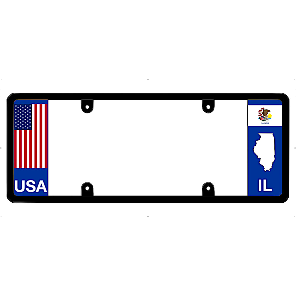 Black license plate frame with USA and Illinois flags on a white background