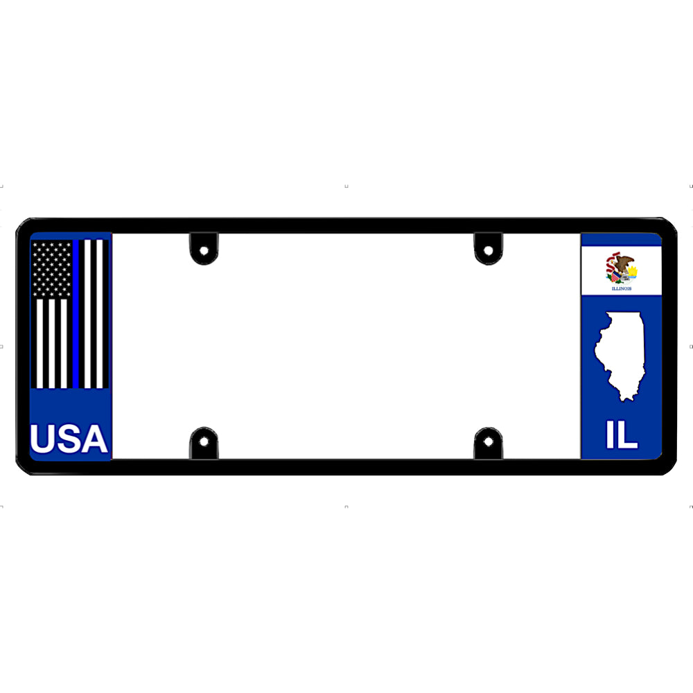 Thin blue line license plate frame with USA and Illinois state flags on a white background