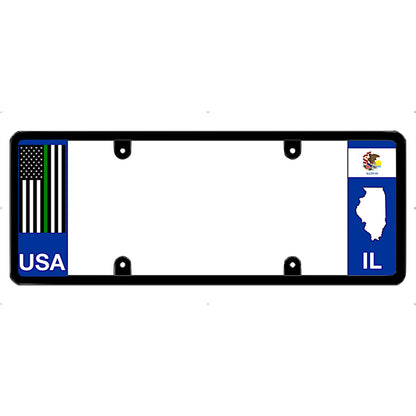 Thin green line license plate frame with USA and Illinois state symbols on a white background
