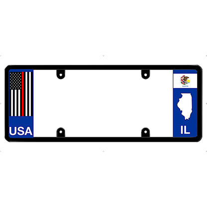 Thin red line license plate frame with USA and Illinois state designs on a white background