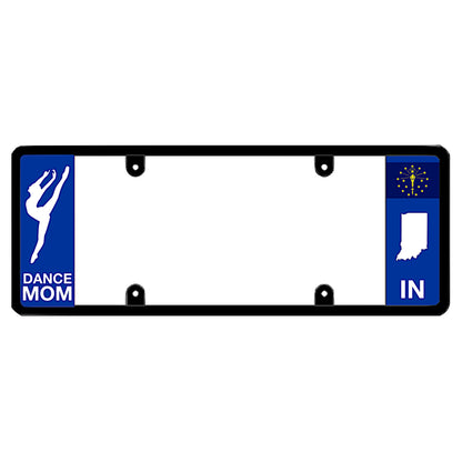 Legal license plate frame with a dance mom graphic on the left and an Indiana flag on the right, gift idea by DFS Brands.

