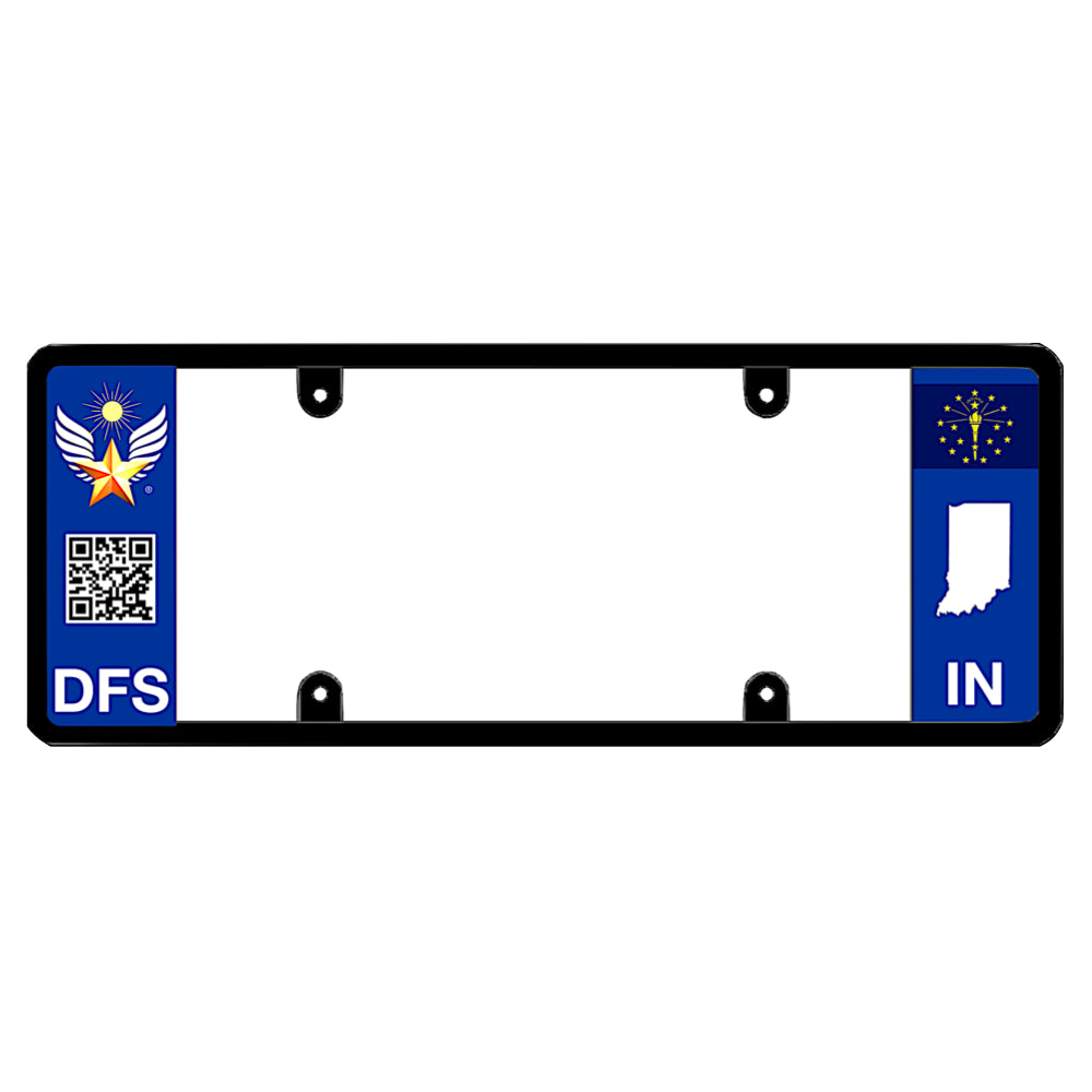 Legal license plate frame with a scan QR code panel on the left and an Indiana flag on the right, patented idea by DFS Brands.
