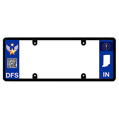 Legal license plate frame with a scan QR code panel on the left and an Indiana flag on the right, patented idea by DFS Brands.
