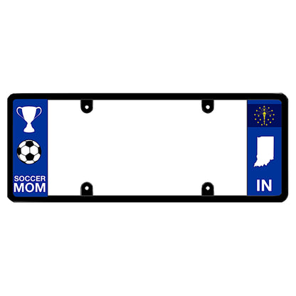 Legal license plate frame with a soccer mom graphic on the left and an Indiana flag on the right, gift idea by DFS Brands.
