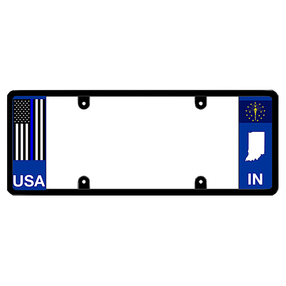 Legal license plate frame with a thin blue line flag on the left and an Indiana flag on the right by DFS Brands gift.

