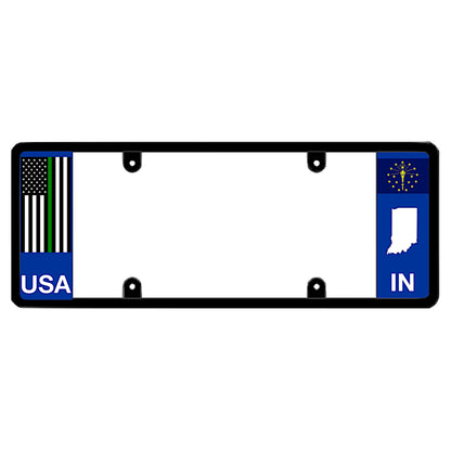 Legal license plate frame with a thin green line flag on the left and an Indiana flag on the right, gift idea by DFS Brands.