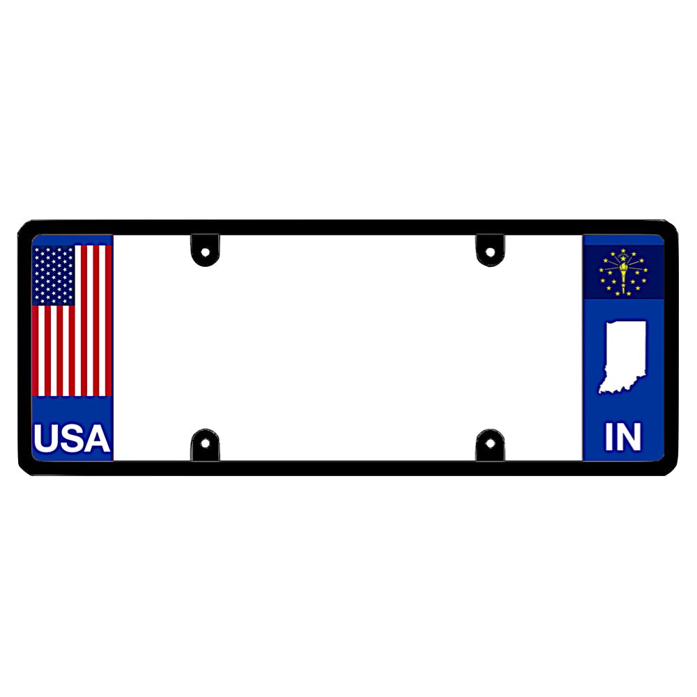 Legal license plate frame with a USA flag graphic on the left and an Indiana flag on the right by DFS Brands.