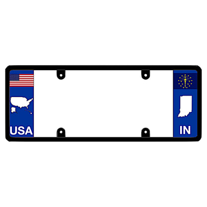 Indiana license plate frame with USA and IN state flags on a white background