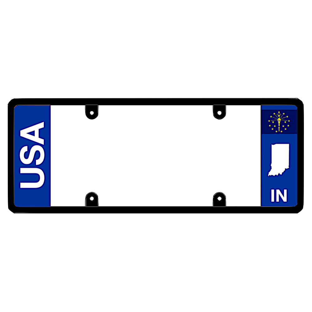 Legal license plate frame with bold vertical USA text on the left and an Indiana flag on the right, great patented gift by DFS Brands.