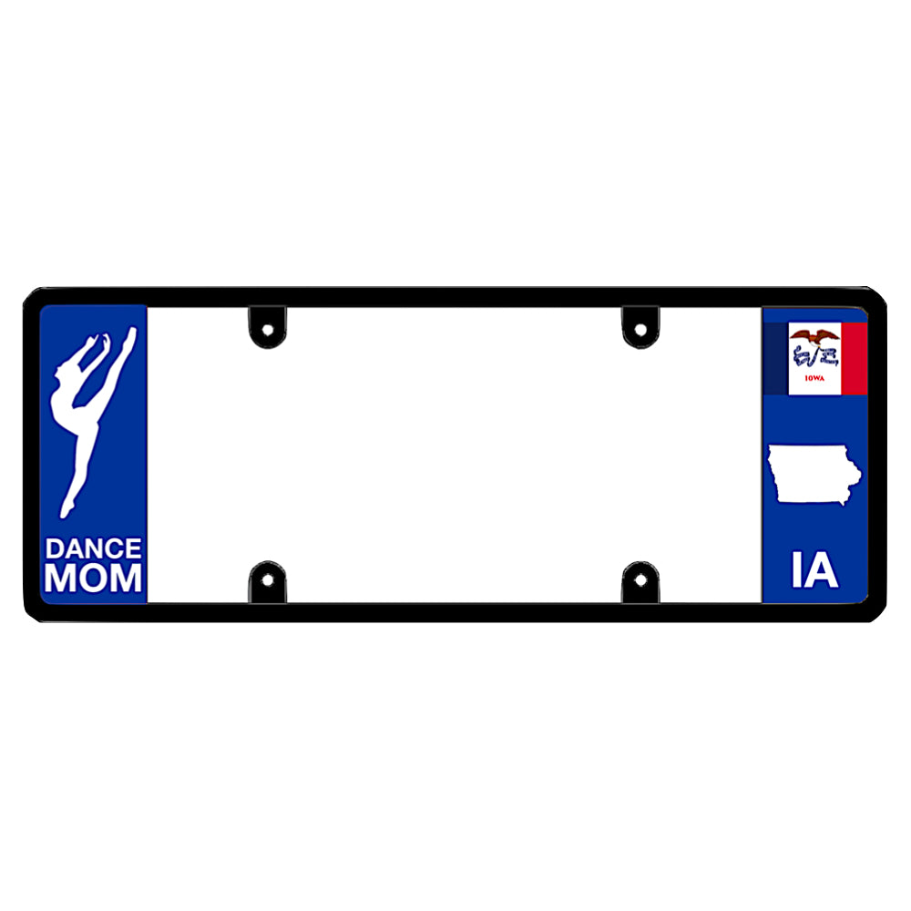 A dance mom themed black elongated Iowa license plate frame showing a dancer silhouette and a blue IA panel by DFS Brands.
