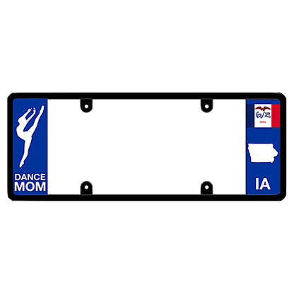 A dance mom themed black elongated Iowa license plate frame showing a dancer silhouette and a blue IA panel by DFS Brands.