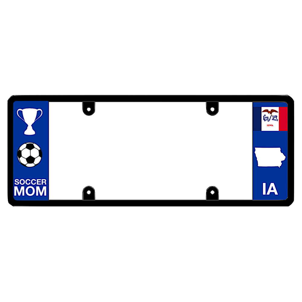 A black elongated Iowa license plate frame featuring a soccer mom theme and a blue IA side panel by DFS Brands.