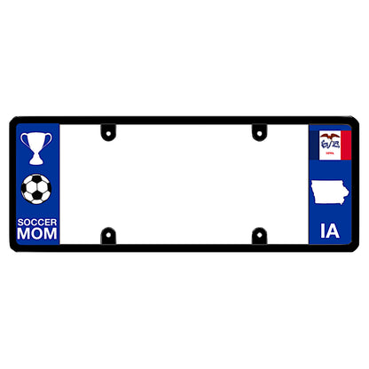 A black elongated Iowa license plate frame featuring a soccer mom theme and a blue IA side panel by DFS Brands.
