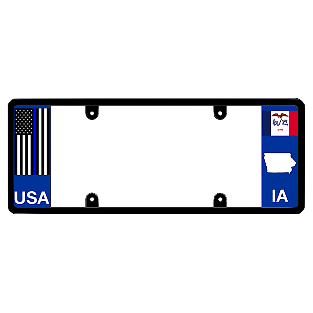 A black elongated Iowa license plate frame with a thin blue line flag and printed IA text by DFS Brands.