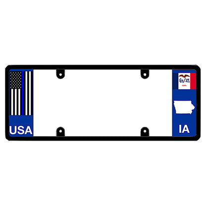 A black elongated Iowa license plate frame with a thin blue line flag and printed IA text by DFS Brands.