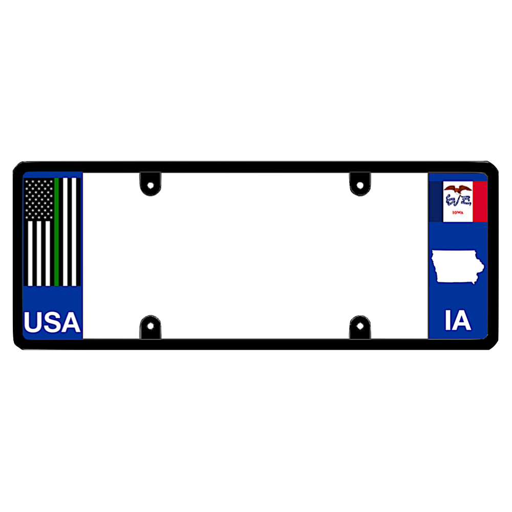 A black elongated Iowa license plate holder with a tactical thin green line flag and printed IA graphics by DFS Brands.