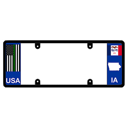 A black elongated Iowa license plate holder with a tactical thin green line flag and printed IA graphics by DFS Brands.