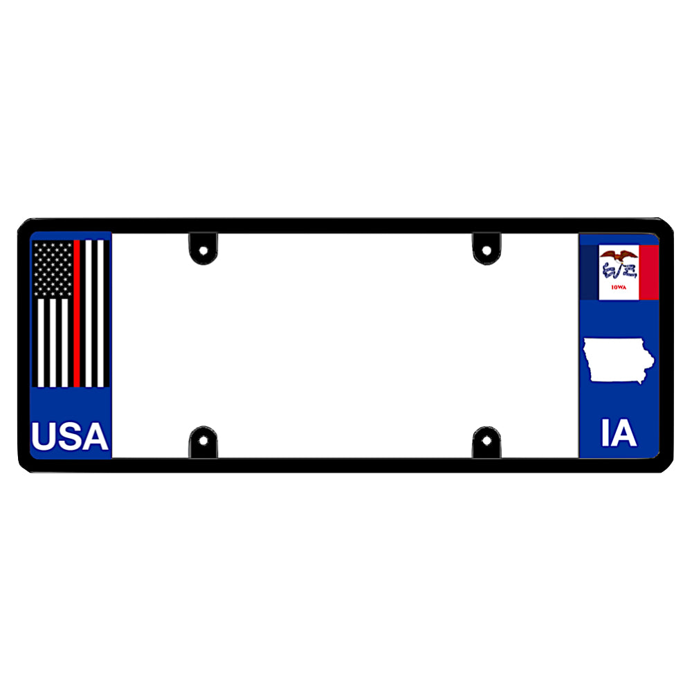 A black elongated Iowa license plate frame featuring a thin red line firefighter flag and blue IA text panel by DFS Brands.