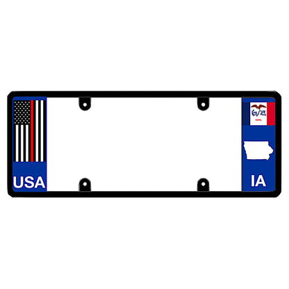 A black elongated Iowa license plate frame featuring a thin red line firefighter flag and blue IA text panel by DFS Brands.
