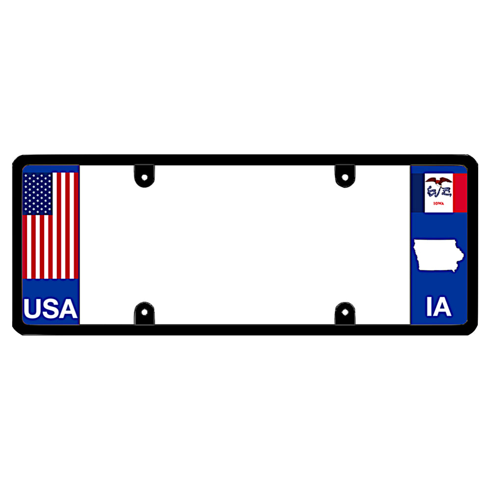 A black elongated Iowa license plate frame with a USA flag design and a white IA state map outline by DFS Brands.