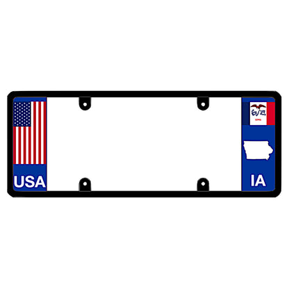 A black elongated Iowa license plate frame with a USA flag design and a white IA state map outline by DFS Brands.