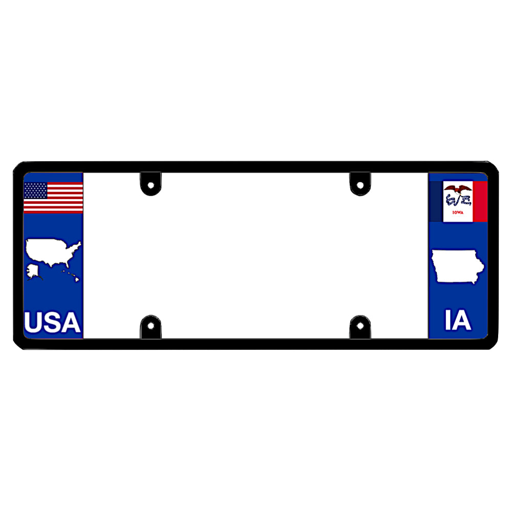 A black elongated Iowa car tag holder showcasing a USA map graphic and a white IA state silhouette by DFS Brands.