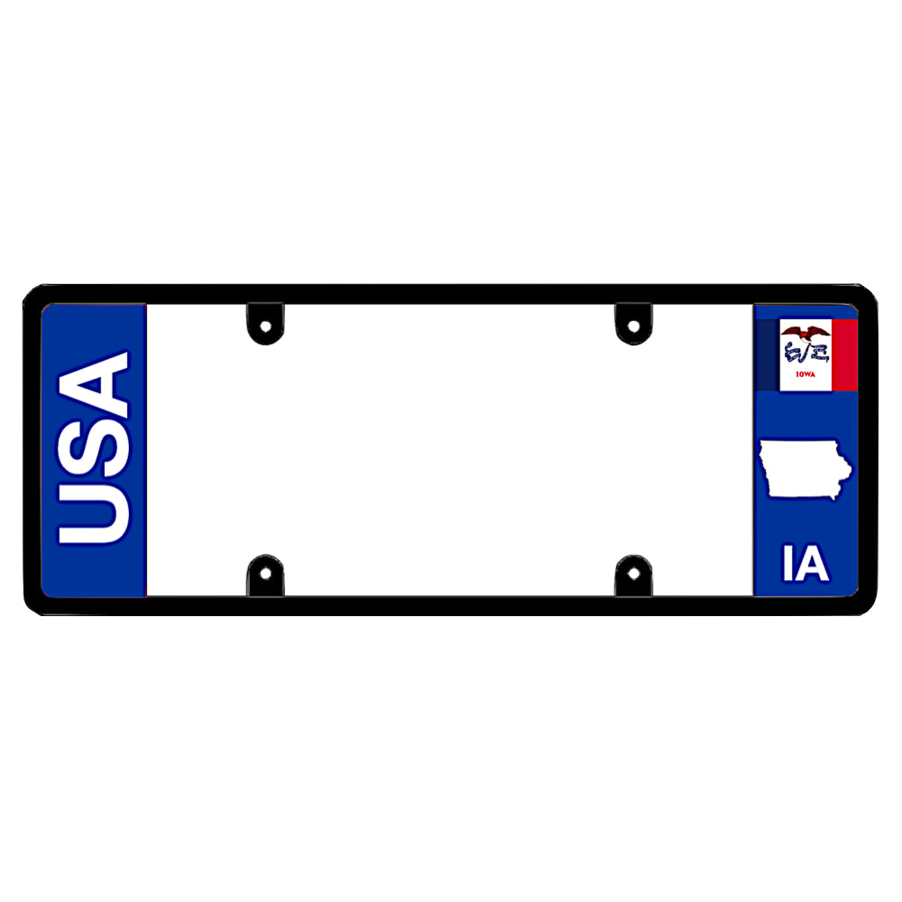A black elongated Iowa license plate frame featuring clean bold vertical USA and IA text panels by DFS Brands.